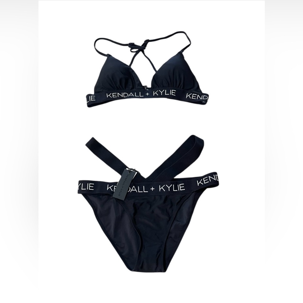 Kendall + Kylie Band Logo Bikini Set 2 Piece Swimsuit Size L NWT Black